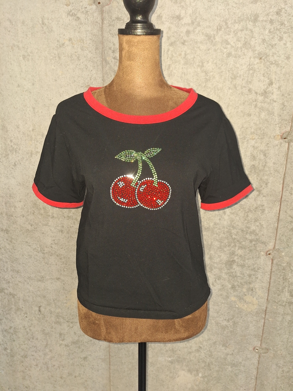 Black Ringer Tee with Rhinestone Cherry Detail